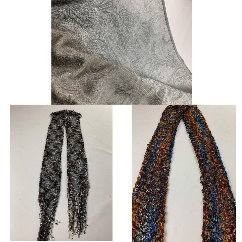 3 Women’s Vintage Scarves Crochet Knit | Gray silver printed Unbranded